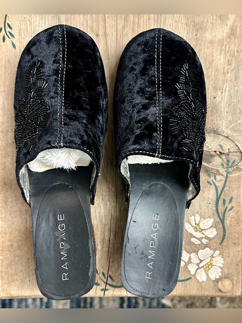 Rampage Black Velvet Beaded Slip-On Mules